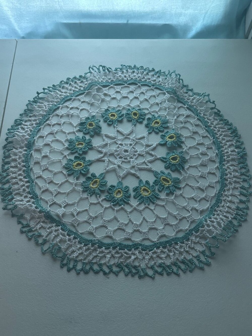 Vintage Crochet Doily 17x16 White Blue Yellow Floral Daisy Cottagecore Handmade